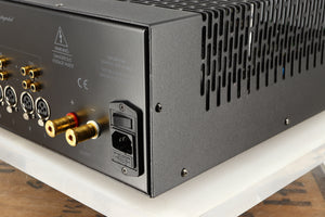 Rear left corner of a used Graaf GM50 Integrated Amplifier in a black finish