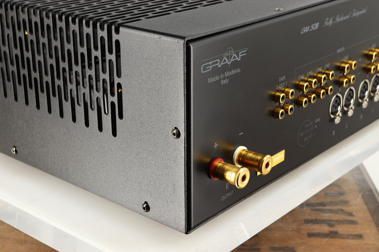 Rear right corner of a used Graaf GM50 Integrated Amplifier in a black finish