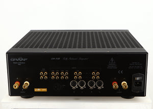 Rear view of a used Graaf GM50 Integrated Amplifier in a black finish showing Speaker Outputs, Mains Input, XLR Outputs, Phono Inputs and Phono Outputs