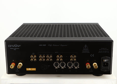 Rear view of a used Graaf GM50 Integrated Amplifier in a black finish showing Speaker Outputs, Mains Input, XLR Outputs, Phono Inputs and Phono Outputs