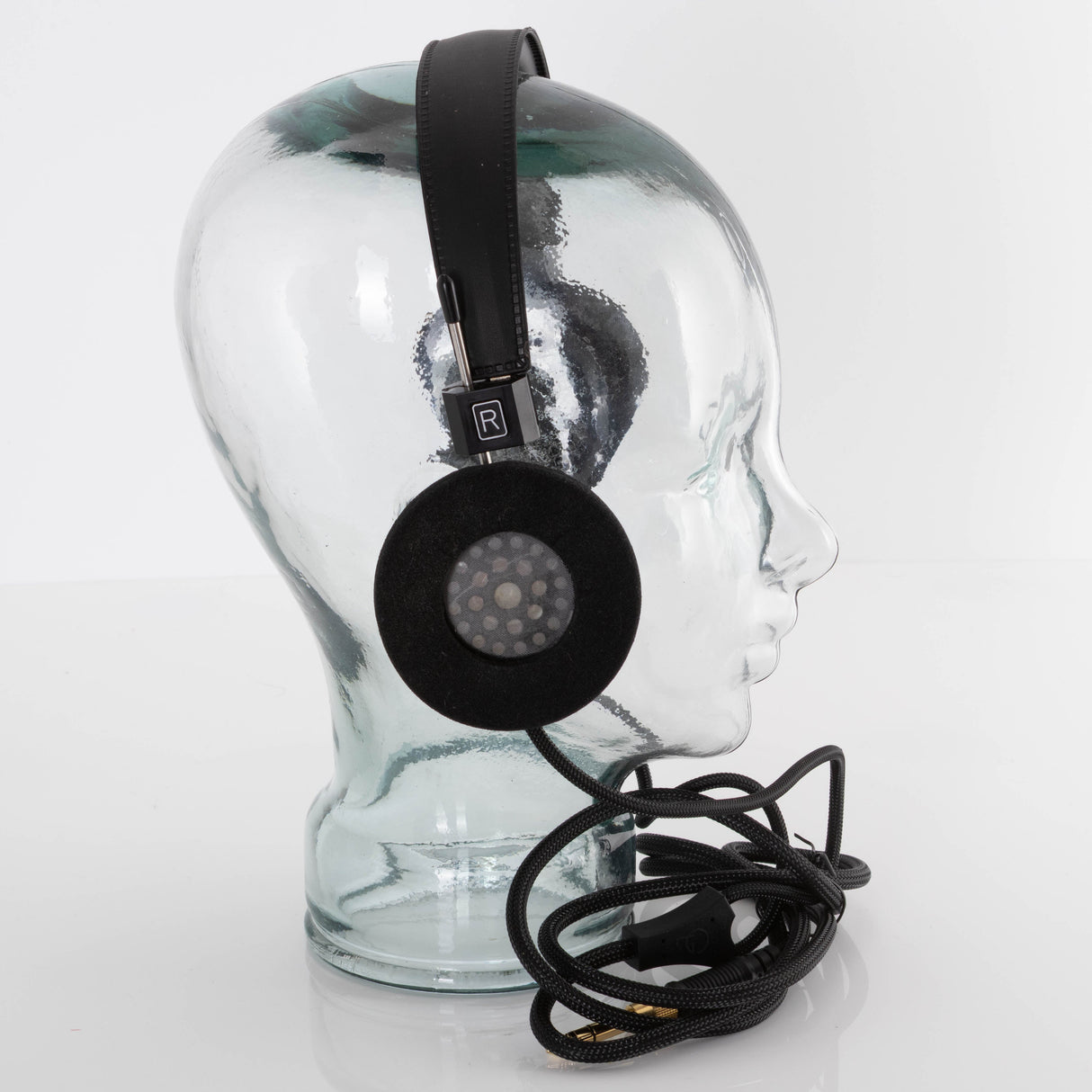 Left side of used Grado SR225X Headphones in a Black finish showing inside of right earmuff