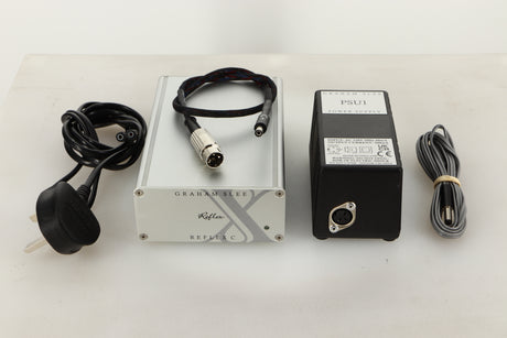 Accessories of a used Graham Slee Reflex C MC Phonostage showing mains cable, connecting cables, and PSU1 Power Supply