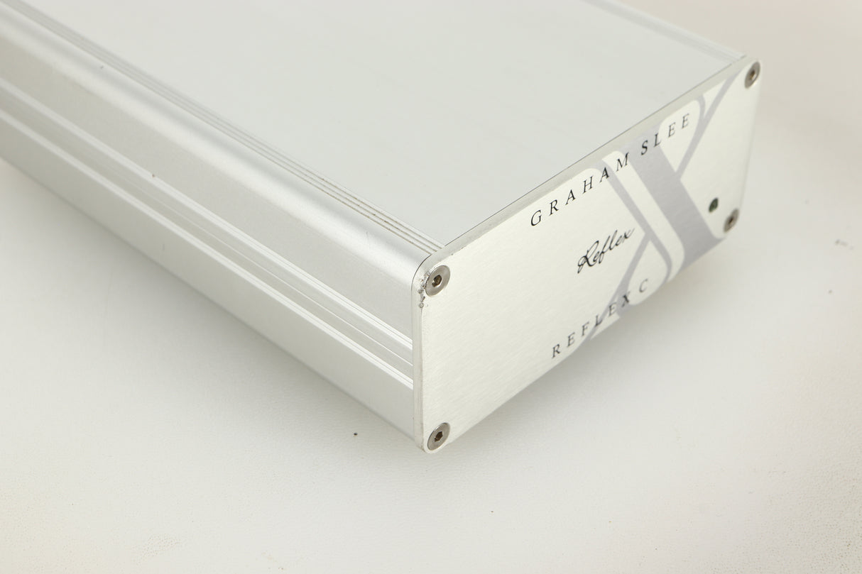 Front left corner view of a used Graham Slee Reflex C MC Phonostage