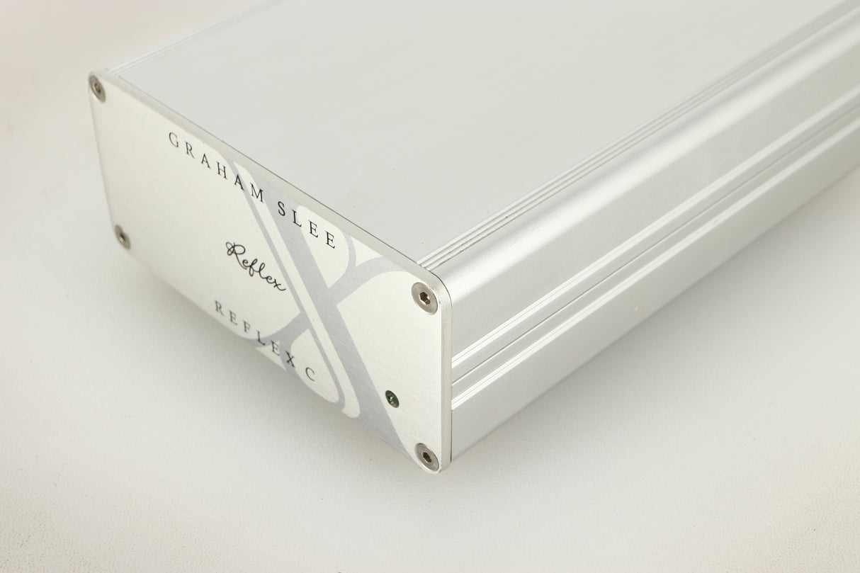 Front right corner view of a used Graham Slee Reflex C MC Phonostage