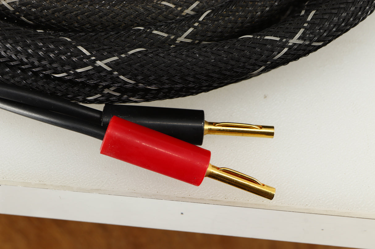 Close up of used Graham Slee Spatia Speaker Cables 4.0m Pair showing connectors