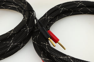 Close up of used Graham Slee Spatia Speaker Cables 4.0m Pair showing connectors