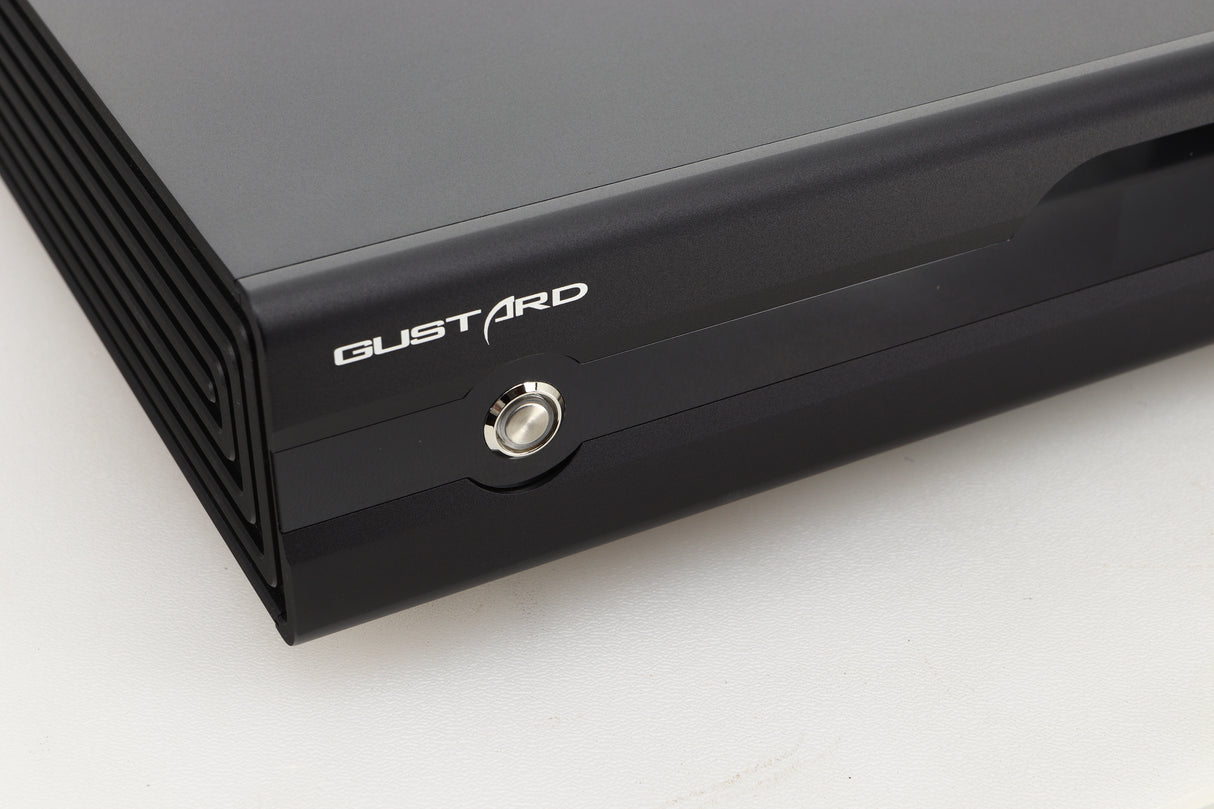 Close up view of a used Gustard R26 Discrete R2R DAC in Black finish showing the left side of the fascia 