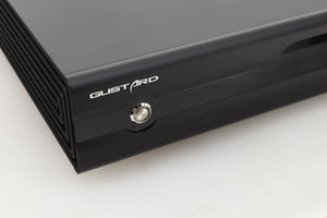 Close up view of a used Gustard R26 Discrete R2R DAC in Black finish showing the left side of the fascia 