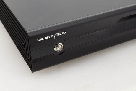 Close up view of a used Gustard R26 Discrete R2R DAC in Black finish showing the left side of the fascia 