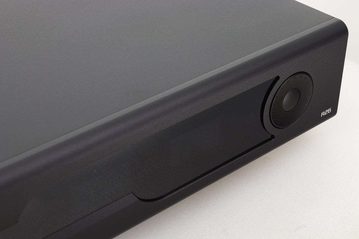 Close up view of a used Gustard R26 Discrete R2R DAC in Black finish showing the right side of the fascia 
