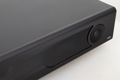 Close up view of a used Gustard R26 Discrete R2R DAC in Black finish showing the right side of the fascia 