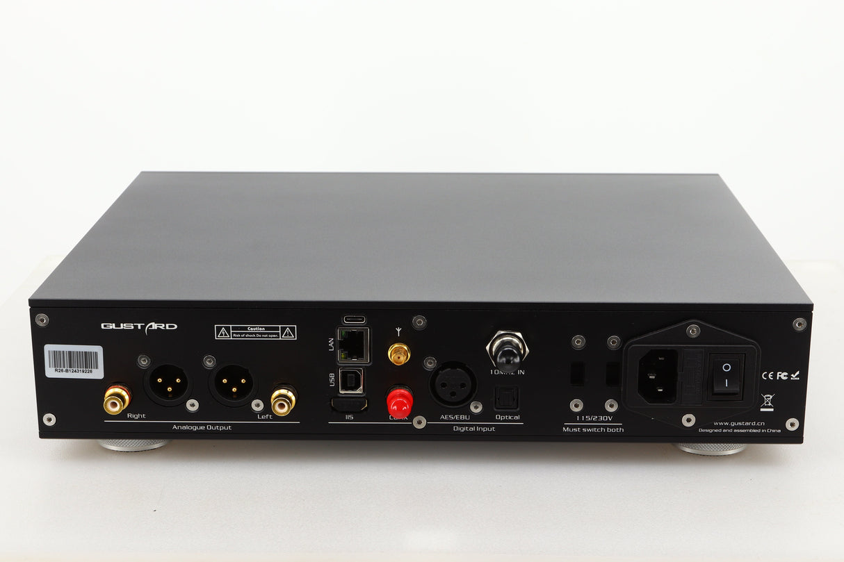 Rear view of a used Gustard R26 Discrete R2R DAC in Black finish showing mains, USB, XLR, and optical inputs, XLR, and RCA outputs