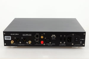 Rear view of a used Gustard R26 Discrete R2R DAC in Black finish showing mains, USB, XLR, and optical inputs, XLR, and RCA outputs