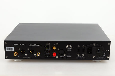 Rear view of a used Gustard R26 Discrete R2R DAC in Black finish showing mains, USB, XLR, and optical inputs, XLR, and RCA outputs