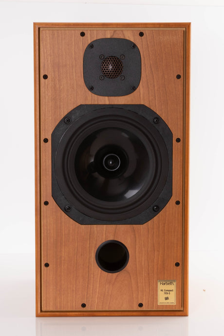 Front view of a used Harbeth Compact 7ES 3 Standmount Speaker in a Cherry finish