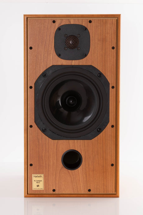 Front view of a used Harbeth Compact 7ES 3 Standmount Speaker in a Cherry finish