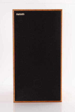 Front view of a used Harbeth Compact 7ES 3 Standmount Speaker in a Cherry finish showing Grille