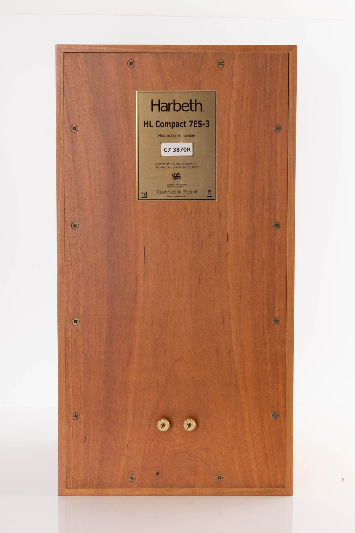 Rear view of a used Harbeth Compact 7ES 3 Standmount Speaker in a Cherry finish