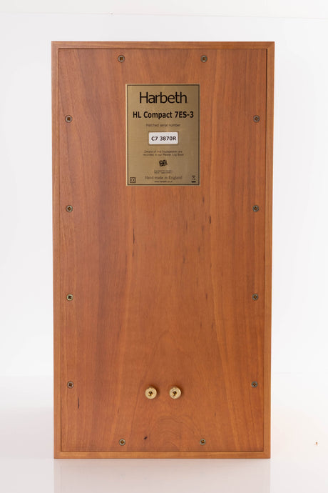 Rear view of a used Harbeth Compact 7ES 3 Standmount Speaker in a Cherry finish
