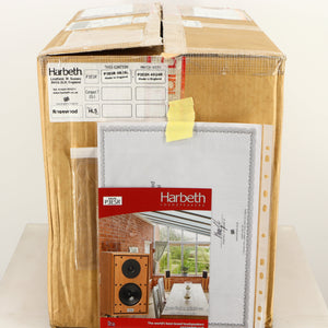 Box for a used Harbeth P3ESR Standmount Speaker in a rosewood finish showing Manual