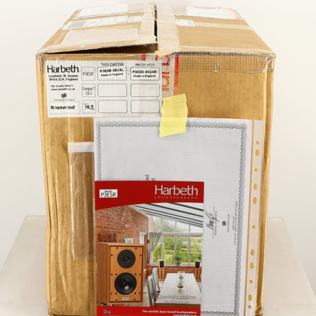 Box for a used Harbeth P3ESR Standmount Speaker in a rosewood finish showing Manual