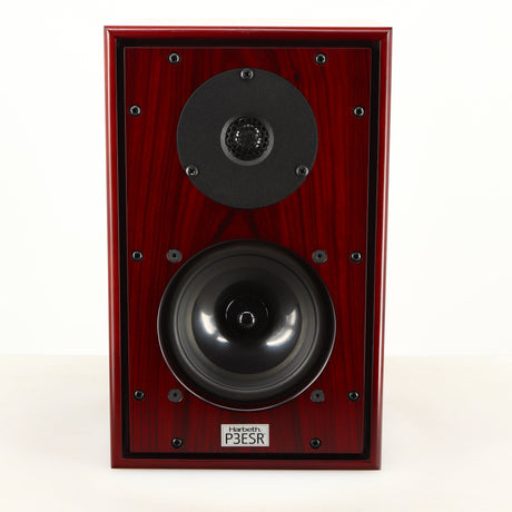 Front view of a used Harbeth P3ESR Standmount Speaker in a rosewood finish