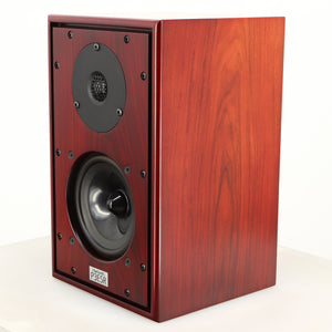 Front right corner of a used Harbeth P3ESR Standmount Speaker in a rosewood finish