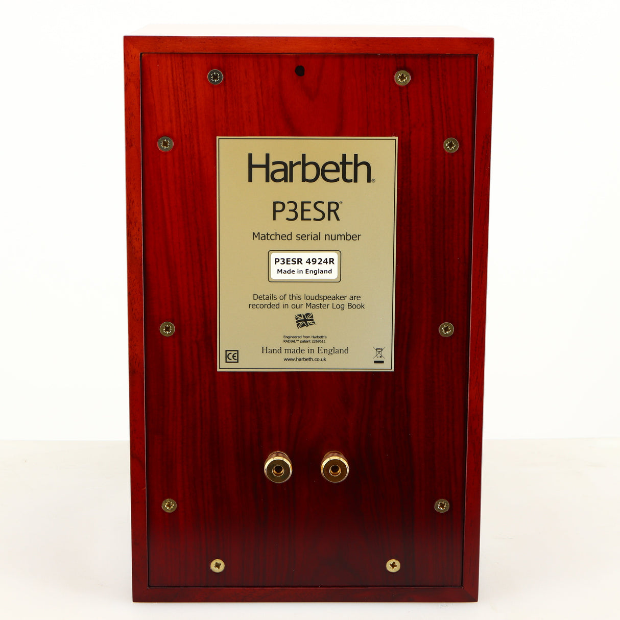 Rear view of a used Harbeth P3ESR Standmount Speaker in a rosewood finish