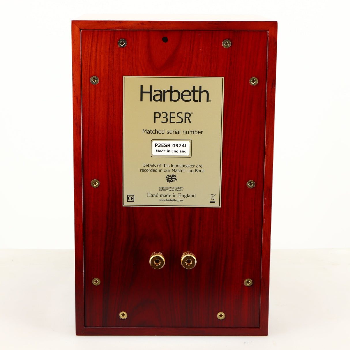 Rear view of a used Harbeth P3ESR Standmount Speaker in a rosewood finish