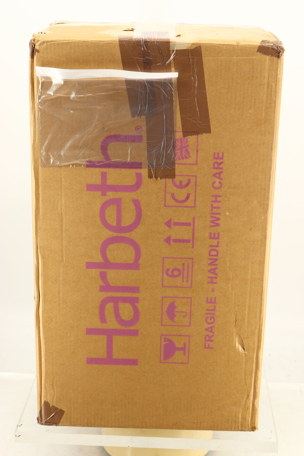 Box of a used Harbeth Super HL5 Plus Standmount Speakers in Tiger Ebony finish 