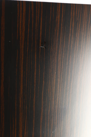 Close up view of a used Harbeth Super HL5 Plus Standmount Speakers in Tiger Ebony finish 