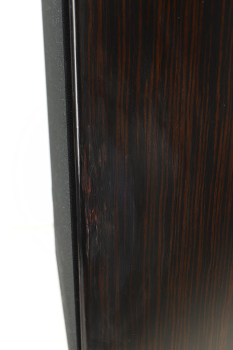 Close up view of a used Harbeth Super HL5 Plus Standmount Speakers in Tiger Ebony finish 