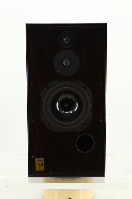 Front view of a used Harbeth Super HL5 Plus Standmount Speakers in Tiger Ebony finish 