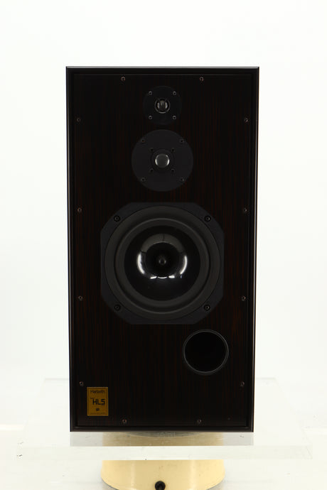 Front view of a used Harbeth Super HL5 Plus Standmount Speakers in Tiger Ebony finish 
