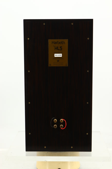 Rear view of a used Harbeth Super HL5 Plus Standmount Speakers in Tiger Ebony finish 