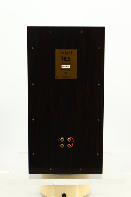 Rear view of a used Harbeth Super HL5 Plus Standmount Speakers in Tiger Ebony finish 