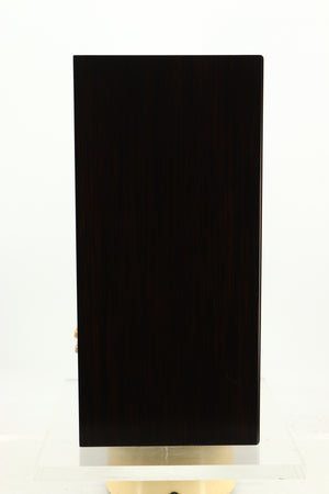 Side view of a used Harbeth Super HL5 Plus Standmount Speakers in Tiger Ebony finish 