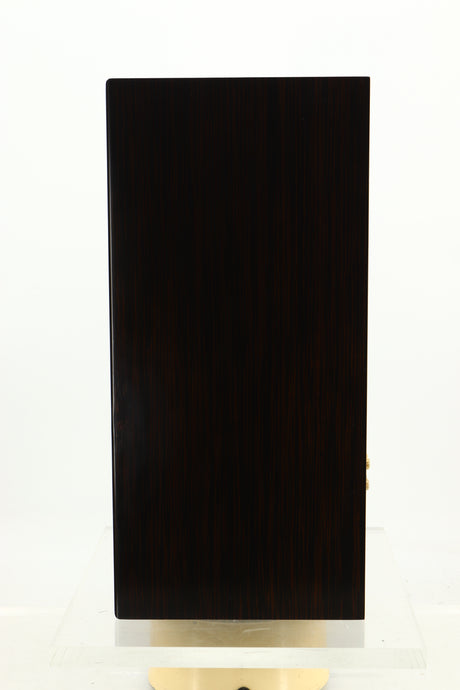 Side view of a used Harbeth Super HL5 Plus Standmount Speakers in Tiger Ebony finish 