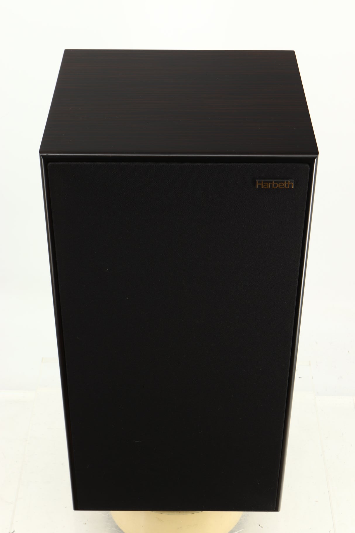 Top view of a used Harbeth Super HL5 Plus Standmount Speakers in Tiger Ebony finish 