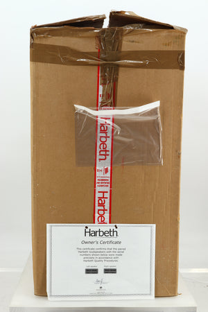 Box for a used Harbeth Super HL5 Plus 40th Anniversary Standmount Speaker in a walnut finish showing Owner Certificate