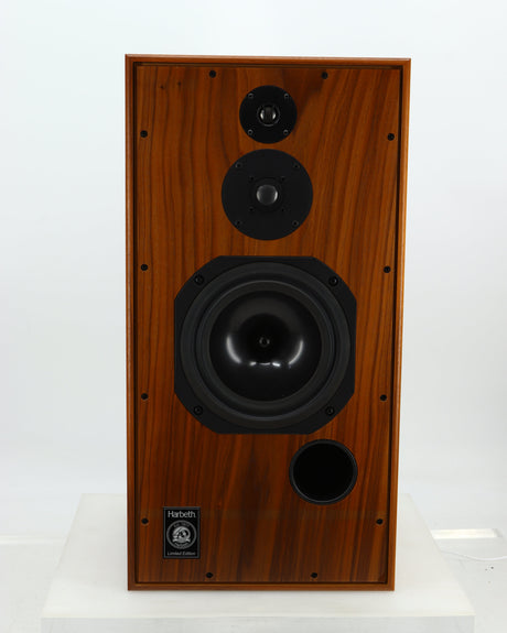 Front view of a used Harbeth Super HL5 Plus 40th Anniversary Standmount Speaker in a walnut finish