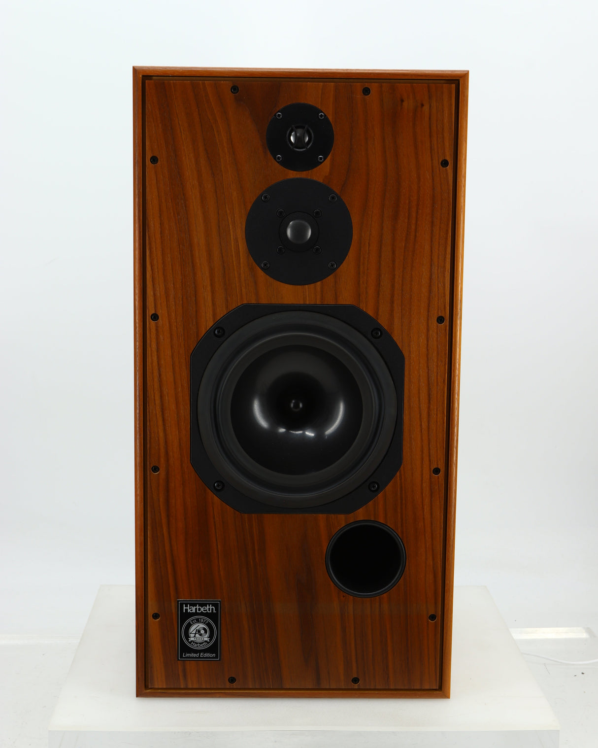 Front view of a used Harbeth Super HL5 Plus 40th Anniversary Standmount Speaker in a walnut finish