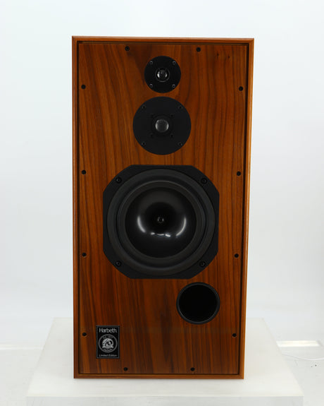 Front view of a used Harbeth Super HL5 Plus 40th Anniversary Standmount Speaker in a walnut finish