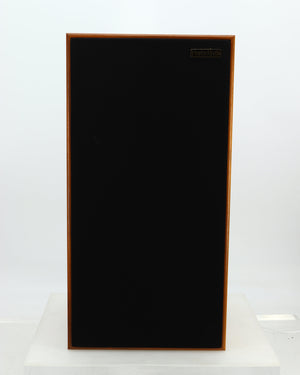 Front view of a used Harbeth Super HL5 Plus 40th Anniversary Standmount Speaker in a walnut finish showing the grille