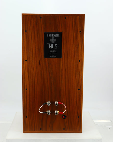 Rear view of a used Harbeth Super HL5 Plus 40th Anniversary Standmount Speaker in a walnut finish showing Non-Original Links