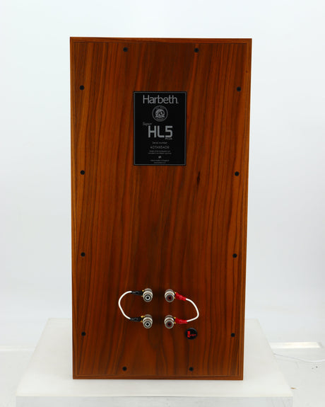Rear view of a used Harbeth Super HL5 Plus 40th Anniversary Standmount Speaker in a walnut finish showing Non-Original Links