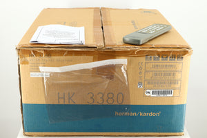 Box for a used Harman Kardon 3380 Receiver showing Manual and Remote