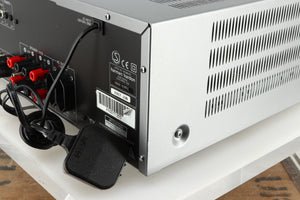 Rear left corner of a used Harman Kardon 3380 Receiver in a silver finish