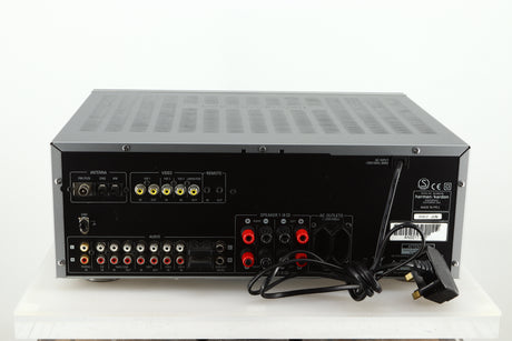 Rear view of a used Harman Kardon 3380 Receiver in a silver finish showing Phono Inputs and Outputs and Speaker Terminals