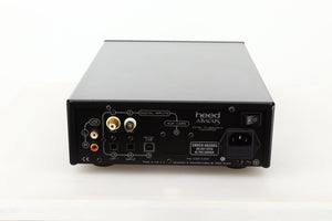 Rear view of a used Heed Abacus DAC in Black finish showing RCA outputs, RCA, BNC, optical, USB, and mains inputs 